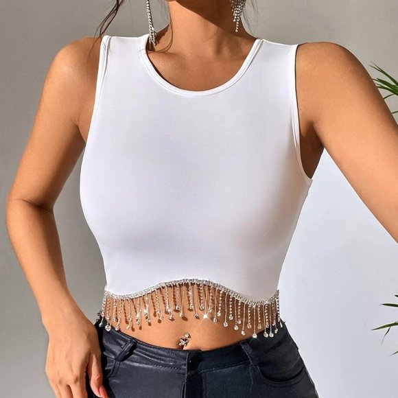 . Tops - White Boho Womens Rhinestone Fringe Trim Crop Tank Top